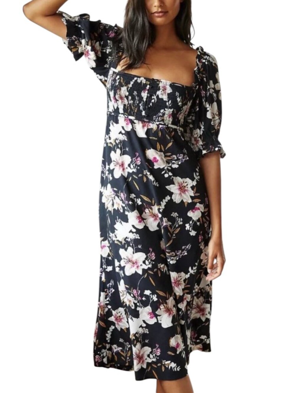 Anthropologie Midi Dress Smocked Puff Sleeve Tie Back Floral Black XXS